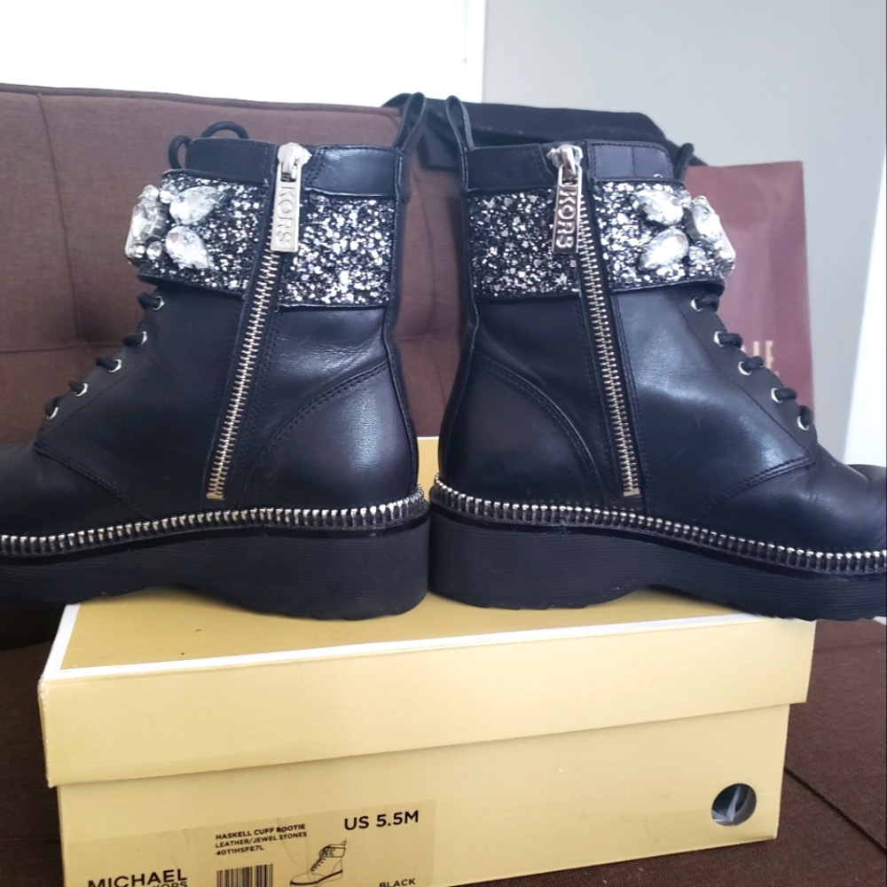 5.5sz Michael Kors Black Leather Haskell Cuff Combat Boots with Jewel Stones